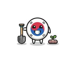 il simpatico cartone animato della bandiera della Corea del Sud sta piantando un seme di albero vettore