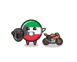simpatico cartone animato con bandiera del kuwait come pilota di motociclette vettore