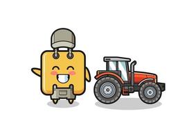 la mascotte dell'agricoltore della borsa della spesa in piedi accanto a un trattore vettore