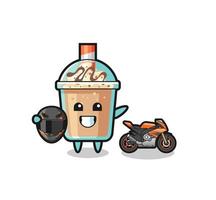 simpatico cartone animato milkshake come pilota di motociclette vettore