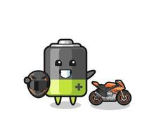 simpatico cartone animato della batteria come un motociclista vettore