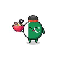 bandiera del pakistan come mascotte cinese dello chef che tiene una ciotola di noodle vettore