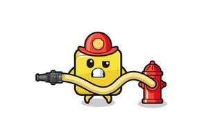cartone animato cartella come mascotte vigile del fuoco con tubo dell'acqua vettore