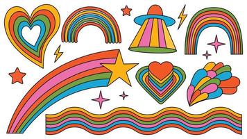 set di elementi psichedelici arcobaleno cool retrò hipster. una raccolta di clipart groovy iridescenti degli anni '70. tratto modificabile. disegno astratto di adesivi dei cartoni animati. illustrazione vettoriale di tendenza