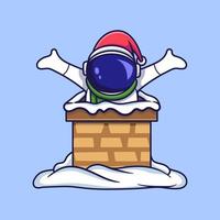 il simpatico personaggio natalizio dell'astronauta è entrato nel camino della casa. cartone animato piatto vettore