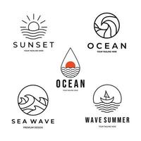 set wave ocean icon line art illustrazione minimalista design creativo vettore