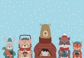 cinque animali che indossano abiti invernali vettore