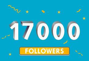illustrazione numeri 3d per i social media 17k mi piace grazie, celebrando i fan degli abbonati. banner con 17000 follower vettore