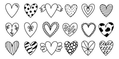 set di cuori di doodle carino per San Valentino isolato su bianco vettore