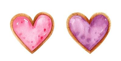 set acquerello di san valentino con dessert a forma di cuore. biscotti con ripieno di frutta e decorazioni festive. illustrazione disegnata a mano. perfetto per il tuo progetto, carte, stampe, copertine, menu, modelli. vettore