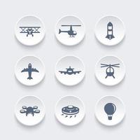 set di icone di aeromobili, aereo, aviazione, trasporto aereo, elicottero, drone, biplano, astronave aliena, mongolfiera, illustrazione vettoriale