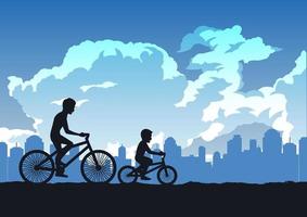 design silhouette di padre e figlio in bicicletta nel parco vettore