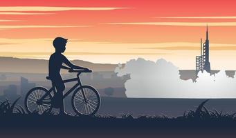 racconto dell'arte della silhouette di un ragazzo che va in bicicletta e fermati a guardare il rilascio di un razzo vettore