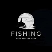 silhouette uomo pesca alla luna logo vintage illustrazione vettoriale modello icona graphic design. logo creativo del pescatore al mare e all'oceano