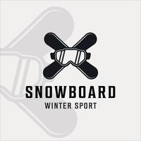 Snowboard logo vintage illustrazione vettoriale modello icona graphic design. occhiali da sci e simbolo della tavola o segno per negozio di sport invernali o affari