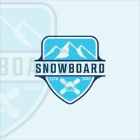 snowboard e montagna logo illustrazione vettoriale modello icona graphic design. paesaggio per simbolo di sport invernali o segno con badge