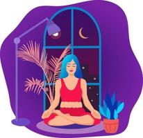 ragazza che esegue yoga a casa. giovane donna che fa pratica di meditazione. vivida illustrazione vettoriale in stile piatto.