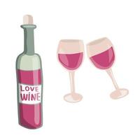 una bottiglia di vino e due bicchieri di vino. illustrazione vettoriale in stile piatto e disegnato a mano. clipart per poster, cartoline e messaggi di San Valentino.