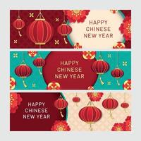 collezione di banner di capodanno cinese con lanterna e fiore tagliati su carta 3d vettore