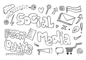 vettore linea arte doodle cartone animato insieme di oggetti e simboli sul tema dei social media.