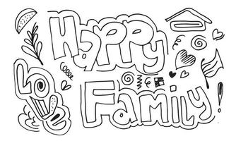 una raccolta di simpatici disegni a mano doodle come scrivere famiglia felice, amore e altri simboli su uno sfondo bianco vettore