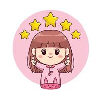 felice ragazza carina e kawaii con felpa con cappuccio rosa bunny rate cinque stelle cartone animato manga chibi character design per logo, mascotte, illustrazione, ecc vettore