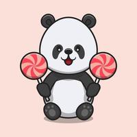 carino panda che tiene lecca-lecca caramelle cartone animato icona vettore illustrazione