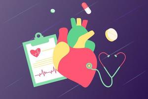 farmaci per il cuore moderno, concetto di ricerca sulle malattie cardiache. cardiologo che studia il modello del grande cuore, i farmaci e il diagramma del battito cardiaco. illustrazione vettoriale sistema cardiovascolare, colesterolo, visita medica