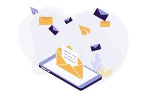 illustrazione vettoriale su campagna di e-mail marketing, ricerche di mercato, lettere, buste, corrispondenza commerciale, e-mail, messaggistica istantanea, comunicazione online, marketing a goccia per modello web.