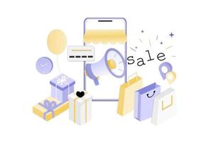 Acquisto online realistico 3d sulla pagina Web di destinazione o sul concetto di applicazione mobile del modello di marketing digitale vettoriale. promozione del negozio digitale isometrico, pagamento, consegna, grande vendita, annunci, sconto. vettore