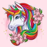 grazioso personaggio fantasy con testa di unicorno con fiori rosa e acconciatura colorata vettore