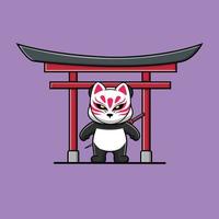 simpatico panda con maschera kitsune e katana su torii gate.eps vettore