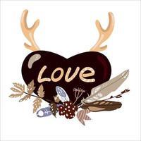 cuore vettoriale con corna di cervo e un mazzo di fiori e piume su sfondo bianco illustrazione vettoriale, San Valentino, design per qualsiasi stampa cuore vettoriale carino