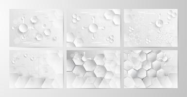 Insieme di fondo chimico astratto nel tono grigio e bianco nel concetto di carta tagliata e design piatto. Illustrazione vettoriale in digitalcraft.