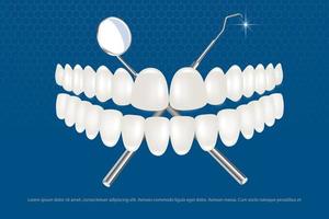 una serie di dentiere bianche con uno strumento dentale. il concetto di design di odontoiatria e ortodonzia per medicinali e dentifricio. sana igiene orale, protesi della mascella, faccette. vettore
