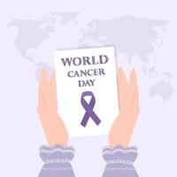 giornata mondiale del cancro, biglietto con nastro viola, simbolo della giornata della lotta contro il cancro, in mani femminili. vettore