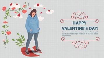 illustrazione in uno stile piatto sul tema delle vacanze di san valentino una ragazza con una felpa con cappuccio blu si trova su uno sfondo di cuore spezzato un foglio di quaderno in una gabbia vettore