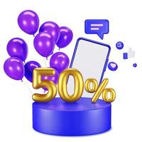 vendita promozionale sul podio blu con palloncino, mockup di smartphone e icone. illustrazione 3d per lo shopping online design. vettore