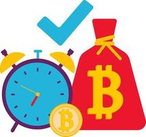 un orologio e una moneta d'oro bitcoin. un vettore associato alla criptovaluta.