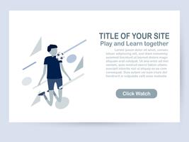 Progettazione del modello del sito Web isolata su fondo bianco con lo spazio della copia nel tono blu. Illustrazione vettoriale per UX / UI con carattere di giocatori di calcio.