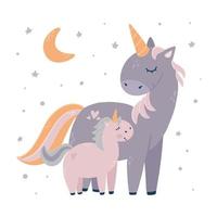 madre e bambino unicorni decorati con luna e stelle su sfondo bianco. buono per biglietti per la festa della mamma, baby shower e decorazioni di compleanno, stampe, poster per asili nido, abbigliamento per bambini, adesivi, ecc. eps 10 vettore