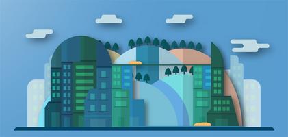 Pop-up design di edifici urbani e città futura con cielo blu e nuvole. Vector l&#39;illustrazione con la città piana nello stile del taglio della carta. Trend del punto di riferimento per il centro del mondo e il grande paese.