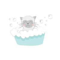 salone di toelettatura per gatti gattino carino in una bacinella lava un sacco di bolle volanti di schiuma vettore