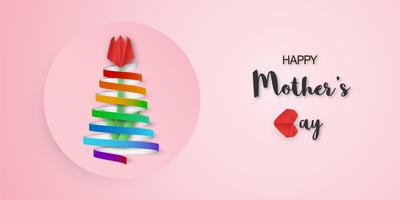 Disegno del modello per la felice festa della mamma. Illustrazione vettoriale in carta tagliata e stile artigianale. Sfondo di decorazione con fiori per invito, copertina, banner, pubblicità.