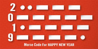 Felice anno nuovo 2019 decorazione su sfondo rosso. Illustrazione vettoriale con progettazione di calligrafia di codice Morse in carta tagliata e artigianato digitale.