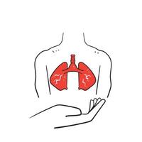 doodle disegnato a mano che tiene la mano umana con i polmoni illustrazione simbolo vettoriale per la salute dei polmoni