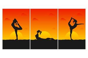 illustrazione grafica vettoriale della silhouette di yoga al tramonto. perfetto da usare per la carta da parati dello studio di yoga