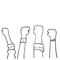 dimostrazione disegnata a mano, rivoluzione, protesta pugno alzato con lotta per i tuoi diritti didascalia. sagoma del braccio su sfondo isolato. illustrazione vettoriale. vettore