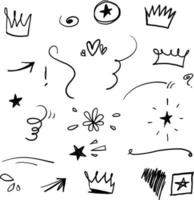 fruscii disegnati a mano, picchiate, scarabocchi di enfasi. evidenzia gli elementi di testo, il vortice di calligrafia, la coda, il fiore, il cuore, lo stile di graffiti crown.doodle vettore