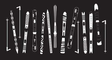 set da sci con motivo. diverso design dello sci. tipo di sci. poster in bianco e nero minimalista. sport invernali. vettore